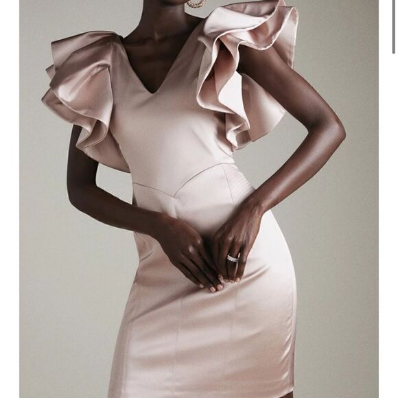 NEW KAREN MILLEN Pink Satin Ruffle Sleeve Mini Dress - Picture 1 of 5